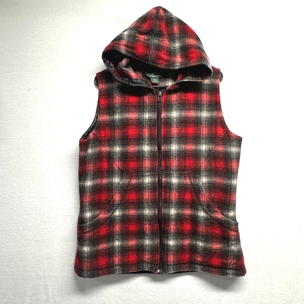 Woolrich Hooded Vest Women L Red Plaid Wool Blend Zip Up Cabin Outdoor